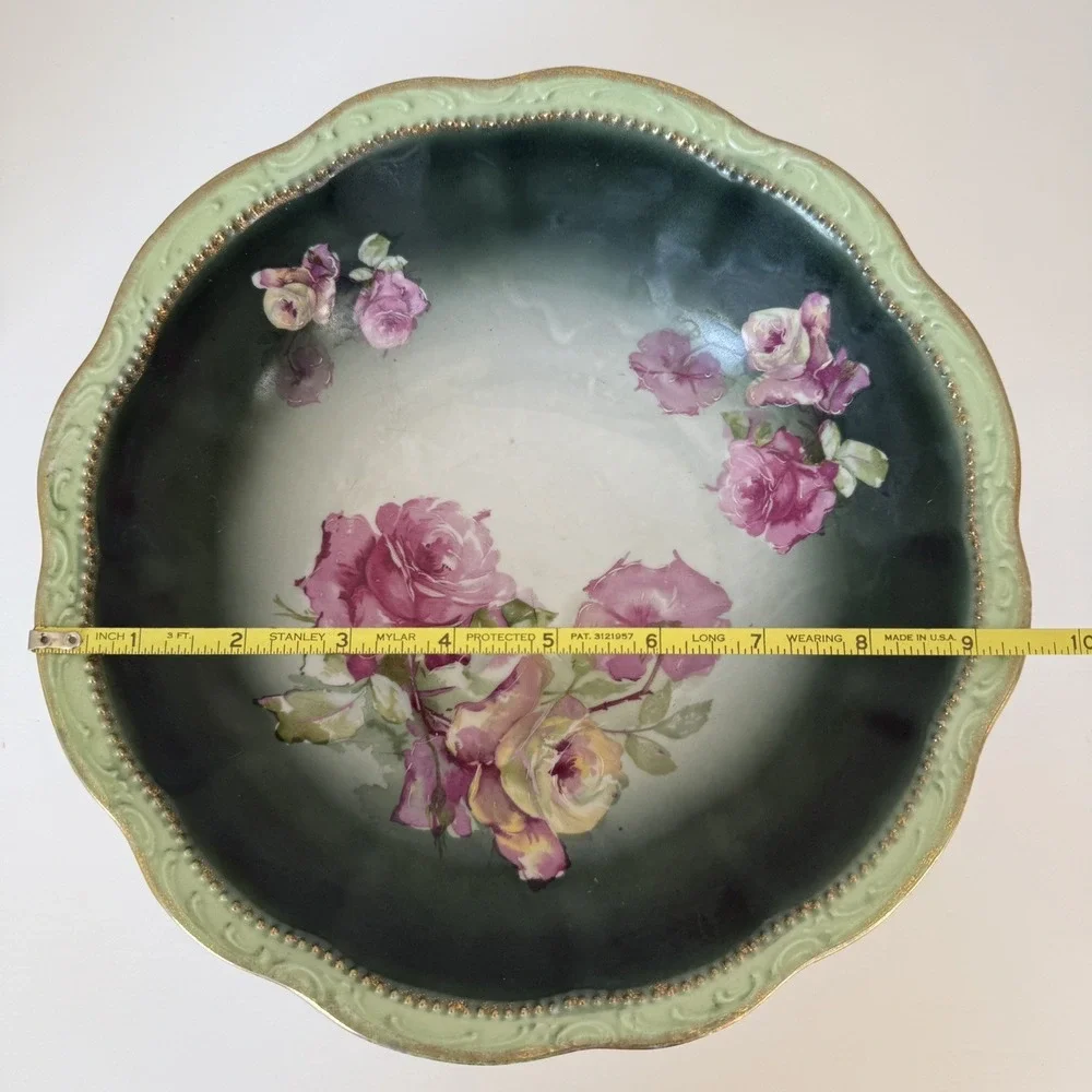 Three Crown China Germany Hand Painted Bowl Roses Gilt Edge‎ 9.5